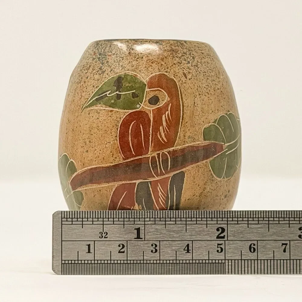 Vintage Hand Painted Parrot Pottery Vase Small Tropical Bird Decor